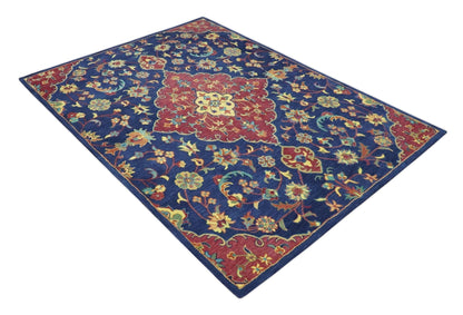 Traditional Blue and Red Hand Tufted Turkish Design Wool Area Rug.