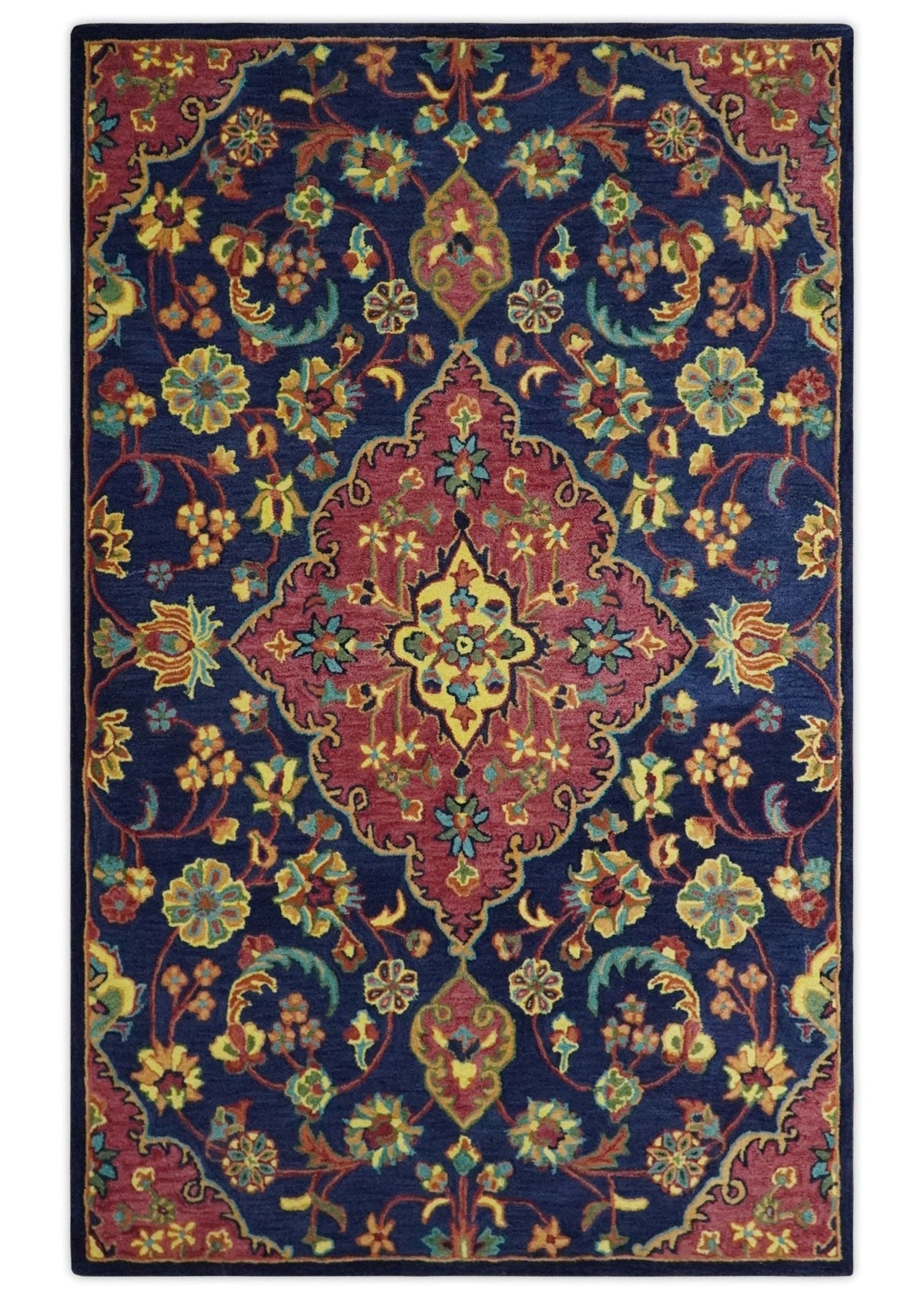 Traditional Blue and Red Hand Tufted Turkish Design Wool Area Rug.