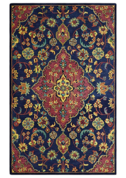 Traditional Blue and Red Hand Tufted Turkish Design Wool Area Rug.