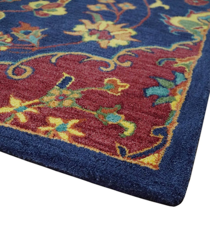 Traditional Blue and Red Hand Tufted Turkish Design Wool Area Rug.
