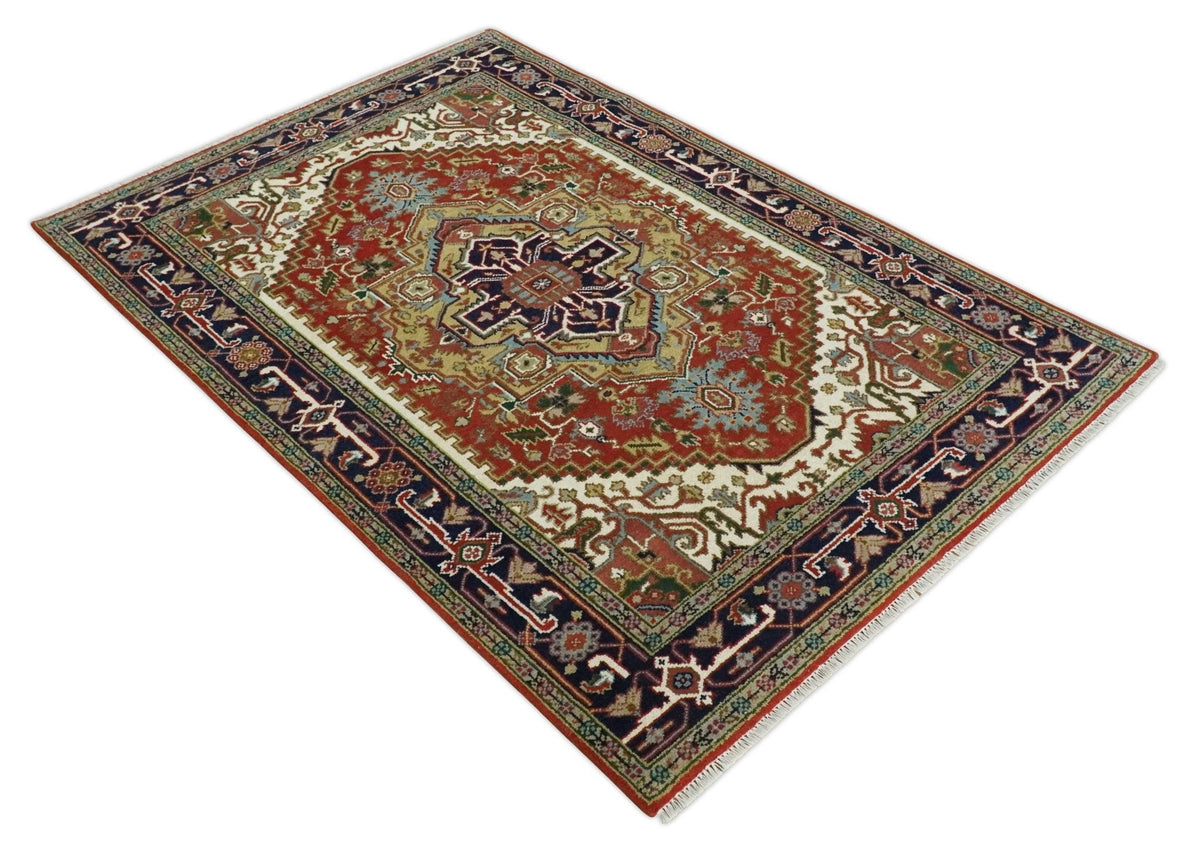 Custom Made Classic Serapi Blue, Rust and Ivory Hand knotted wool Area Rug.