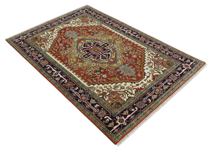Custom Made Classic Serapi Blue, Rust and Ivory Hand knotted wool Area Rug.