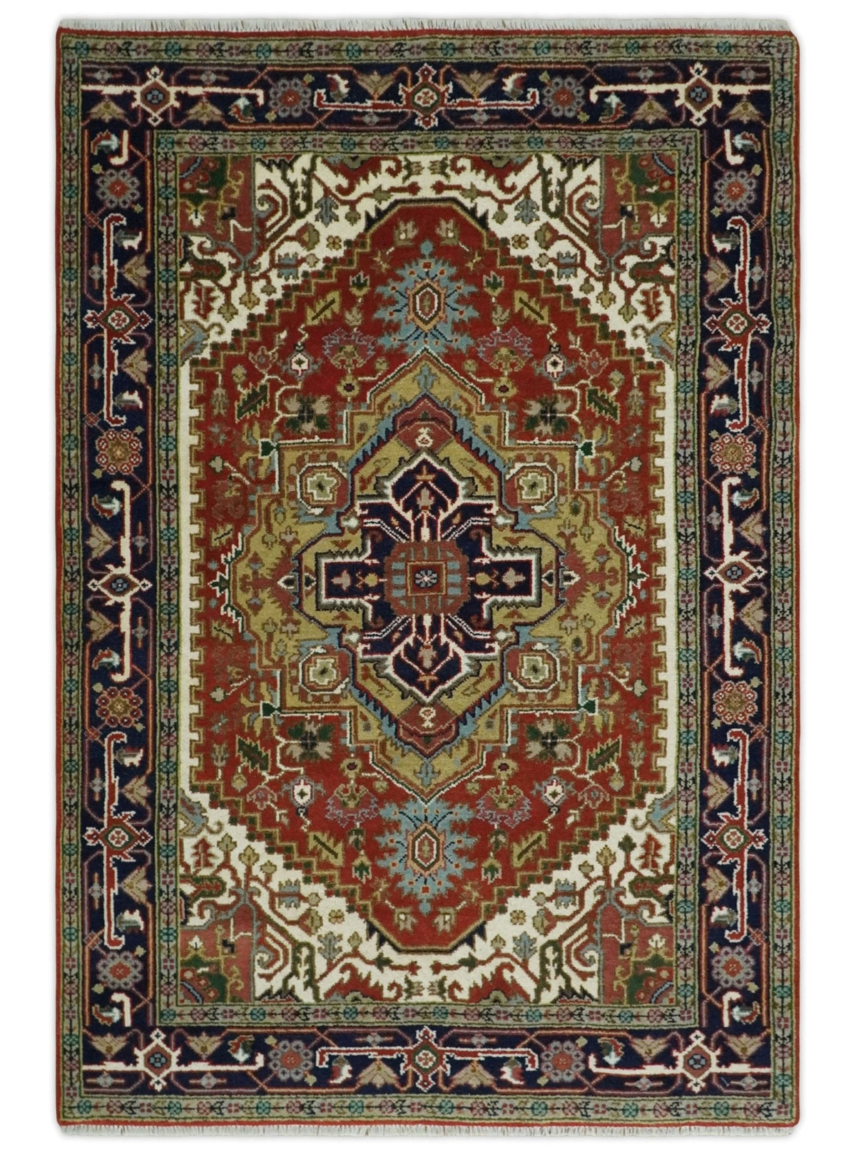 Custom Made Classic Serapi Blue, Rust and Ivory Hand knotted wool Area Rug.