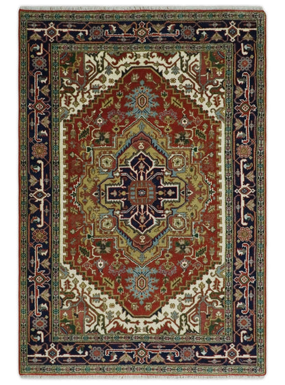 Custom Made Classic Serapi Blue, Rust and Ivory Hand knotted wool Area Rug.