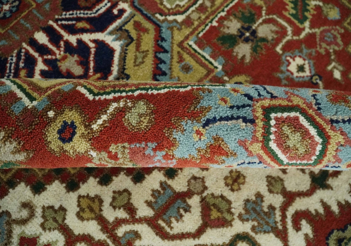 Custom Made Classic Serapi Blue, Rust and Ivory Hand knotted wool Area Rug.