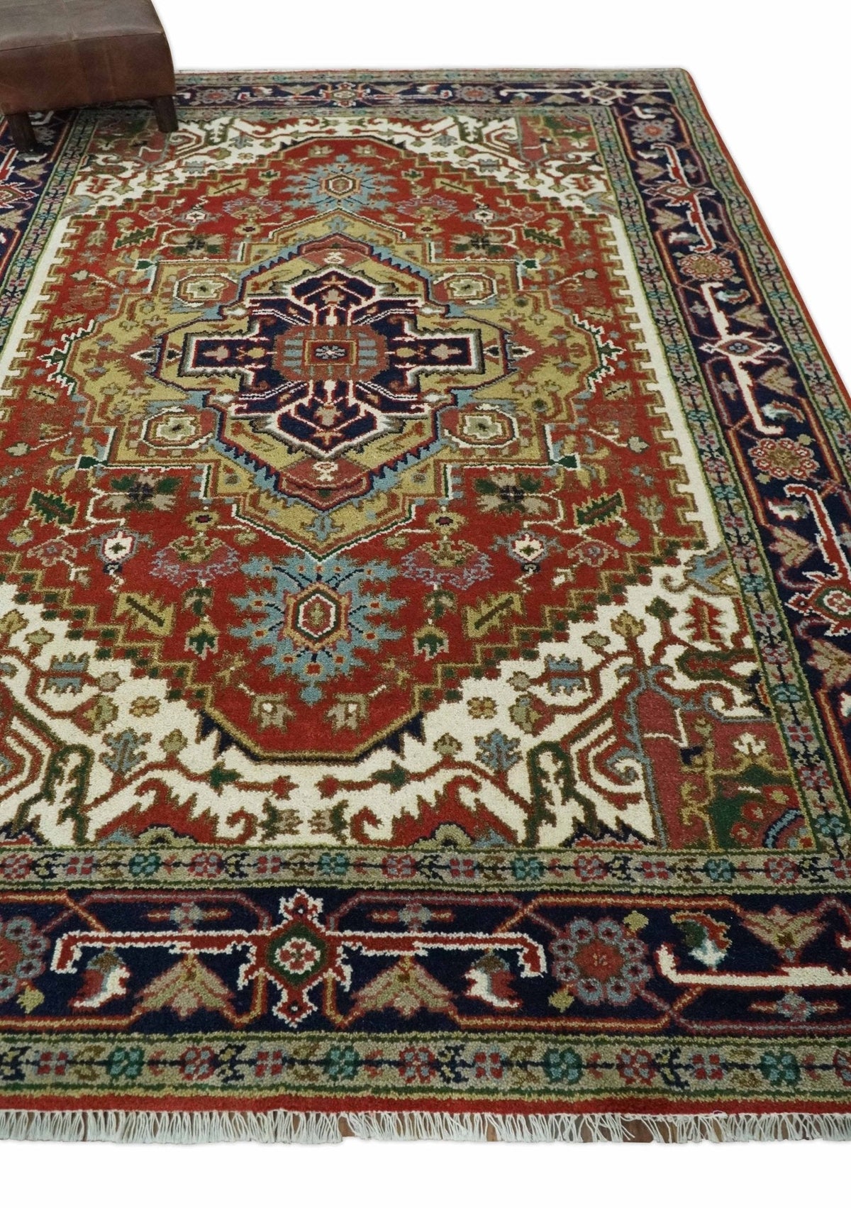 Custom Made Classic Serapi Blue, Rust and Ivory Hand knotted wool Area Rug.
