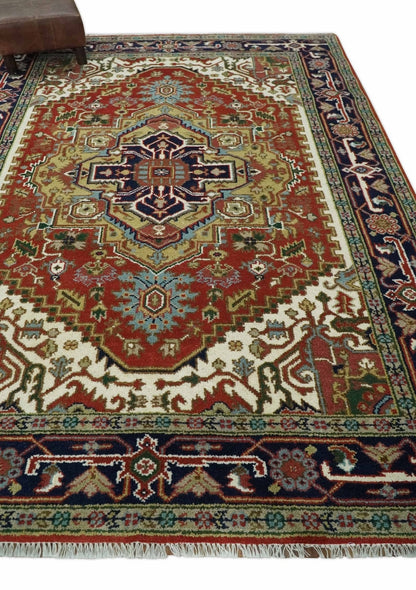 Custom Made Classic Serapi Blue, Rust and Ivory Hand knotted wool Area Rug.