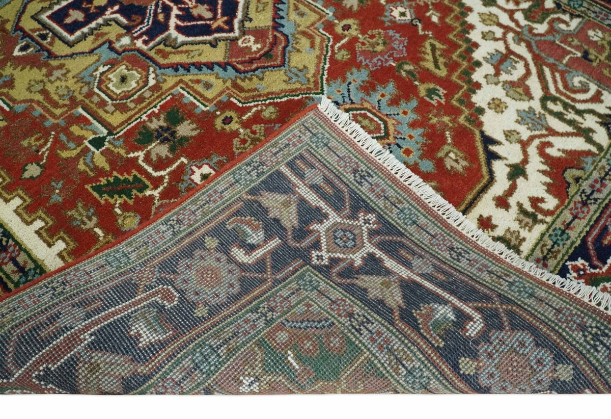Custom Made Classic Serapi Blue, Rust and Ivory Hand knotted wool Area Rug.