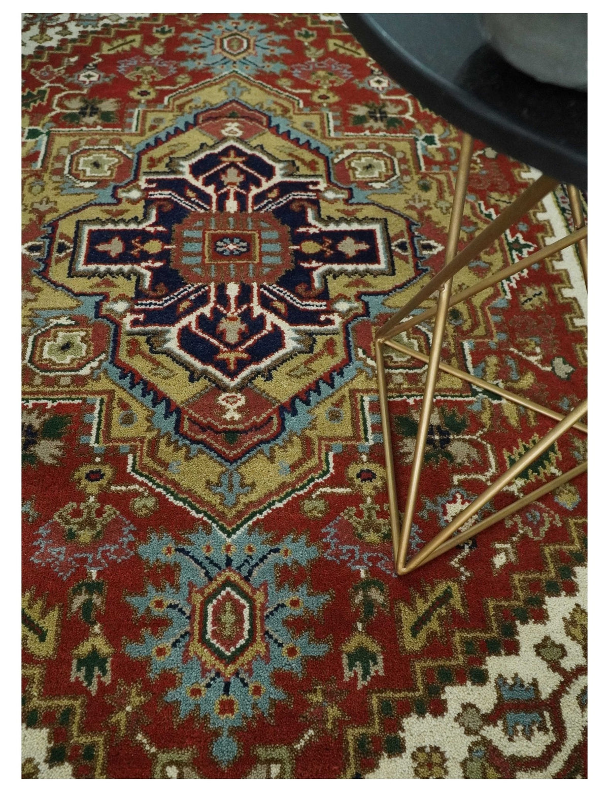 Custom Made Classic Serapi Blue, Rust and Ivory Hand knotted wool Area Rug.