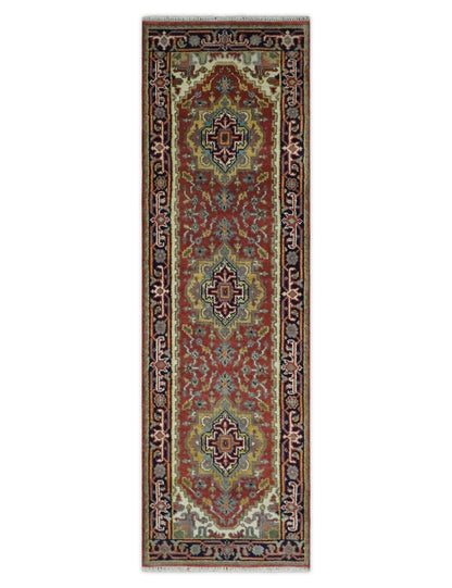 Custom Made Classic Serapi Blue, Rust and Ivory Hand knotted wool Area Rug.