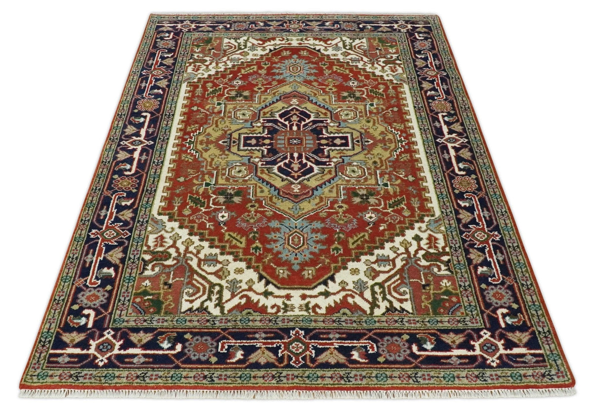Custom Made Classic Serapi Blue, Rust and Ivory Hand knotted wool Area Rug.