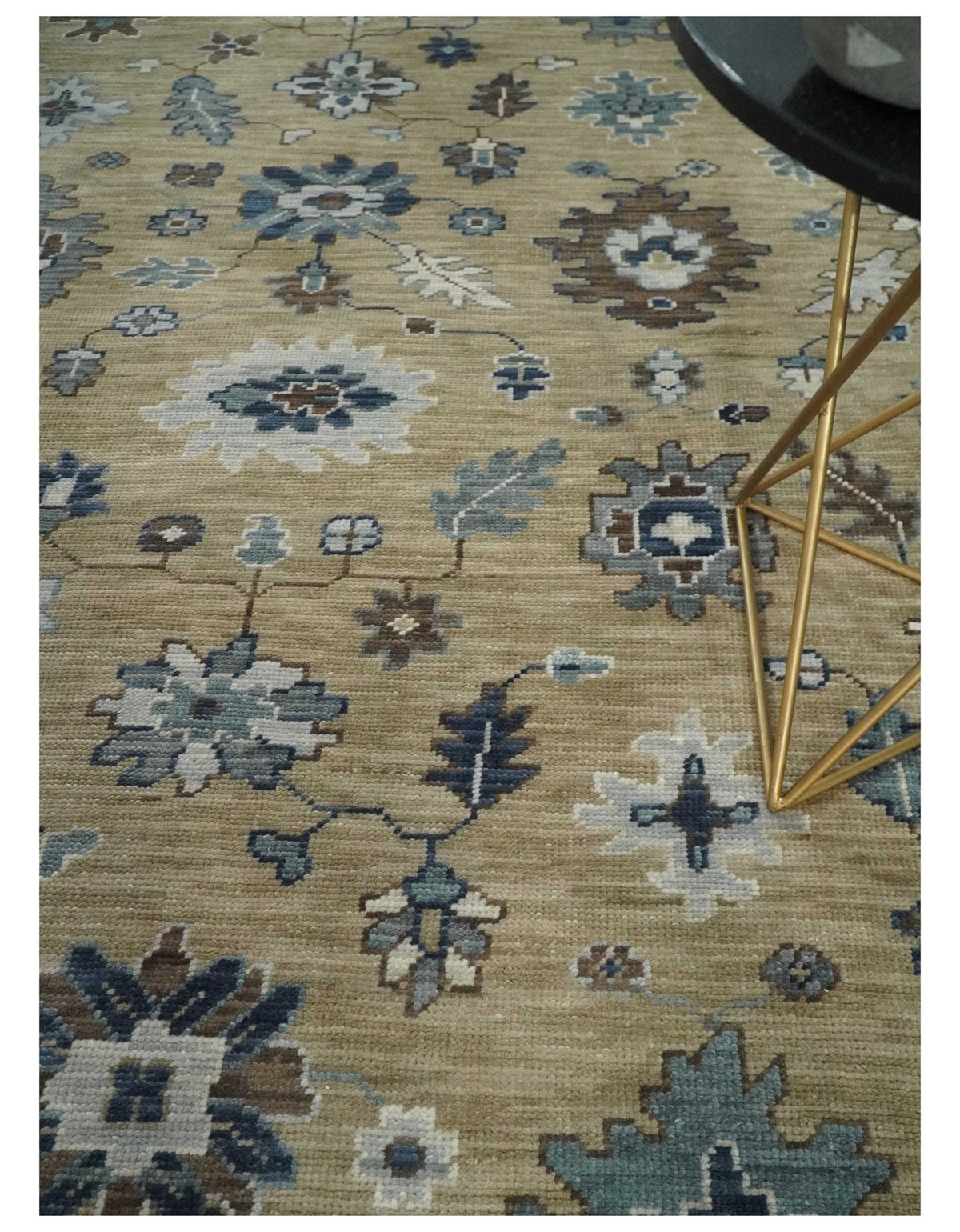 Traditional Beige and Gray Multi Size  Turkish Knot Antique Style Floral Hand knotted Oushak Wool Area Rug.