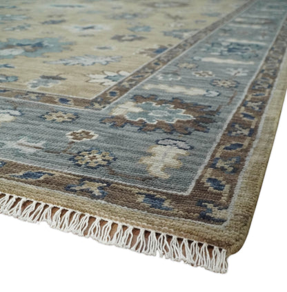 Traditional Beige and Gray Multi Size  Turkish Knot Antique Style Floral Hand knotted Oushak Wool Area Rug.