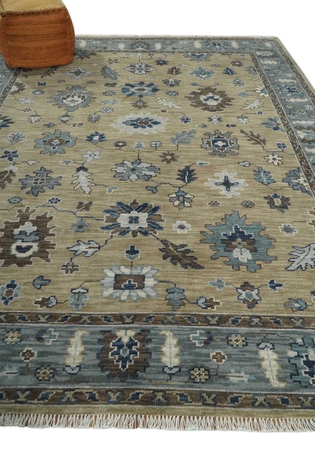 Traditional Beige and Gray Multi Size  Turkish Knot Antique Style Floral Hand knotted Oushak Wool Area Rug.