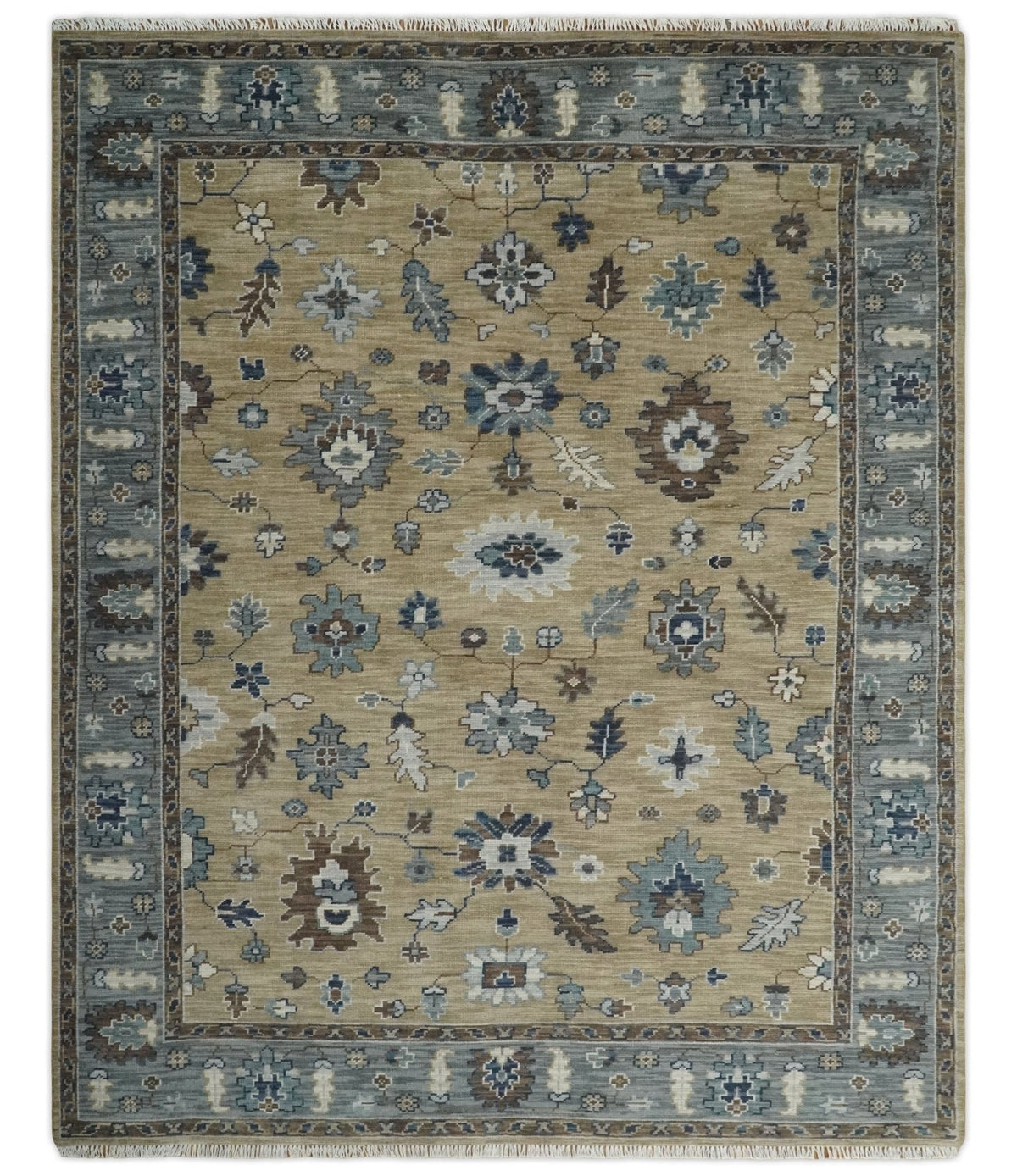 Traditional Beige and Gray Multi Size  Turkish Knot Antique Style Floral Hand knotted Oushak Wool Area Rug.