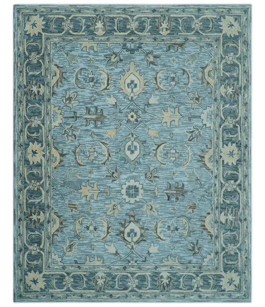 Traditional Floral Aqua, Gray and Beige Hand Tufted Multi size wool area rug.