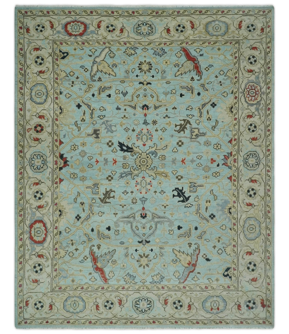 Traditional Floral Blue, Ivory and Beige Oriental Oushak Multi size wool Area Rug.