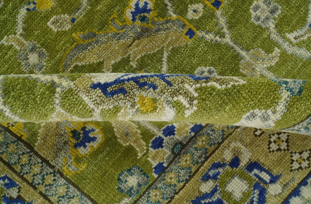Traditional Floral Green and Blue Hand Knotted Multi size wool area rug.