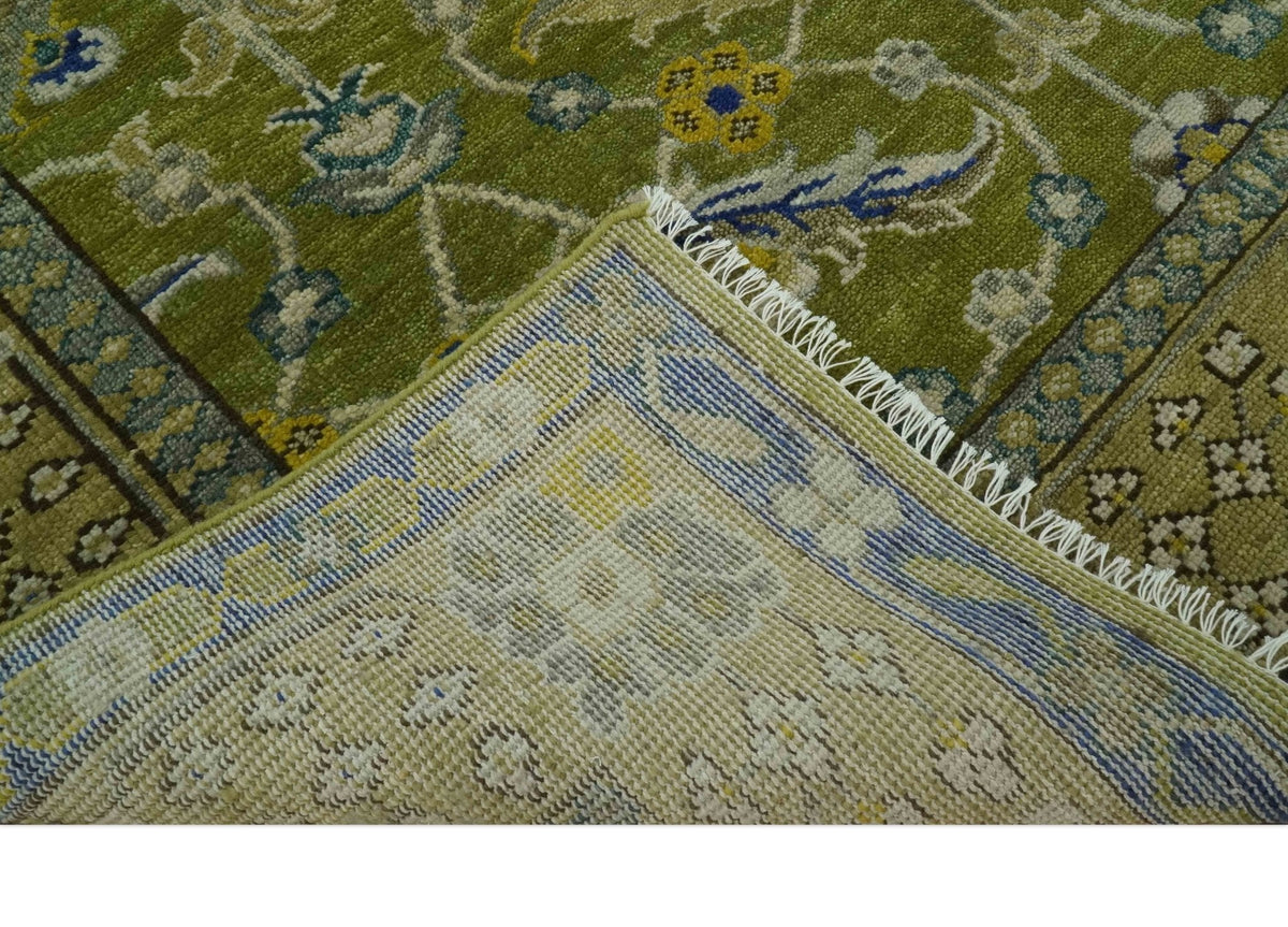 Traditional Floral Green and Blue Hand Knotted Multi size wool area rug.