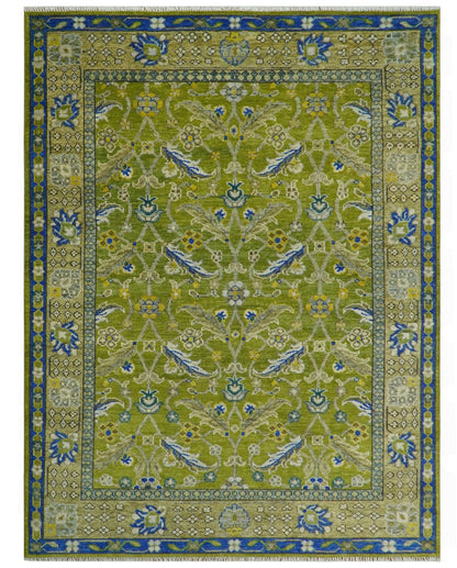 Traditional Floral Green and Blue Hand Knotted Multi size wool area rug.
