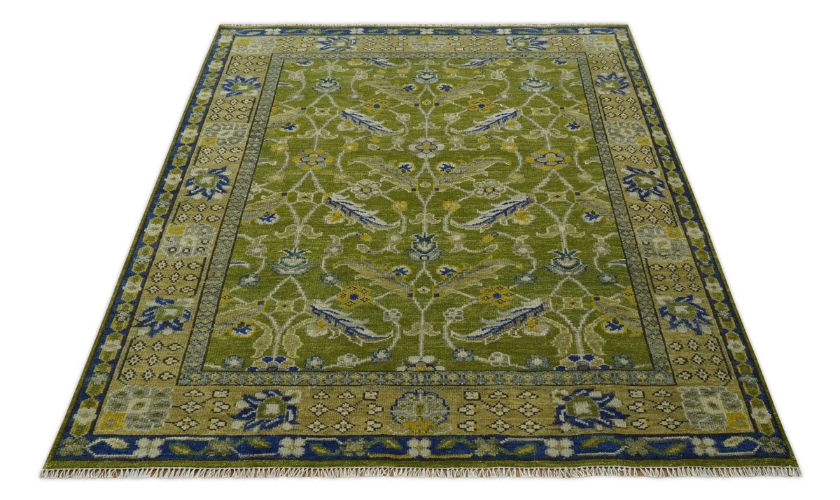 Traditional Floral Green and Blue Hand Knotted Multi size wool area rug.