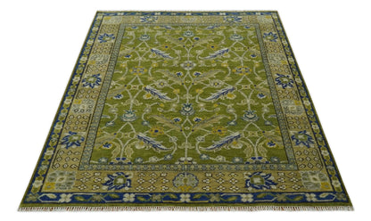 Traditional Floral Green and Blue Hand Knotted Multi size wool area rug.