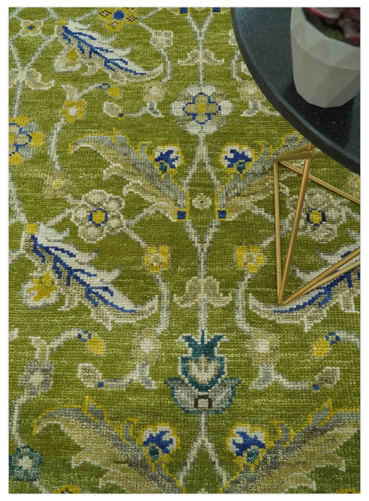 Traditional Floral Green and Blue Hand Knotted Multi size wool area rug.