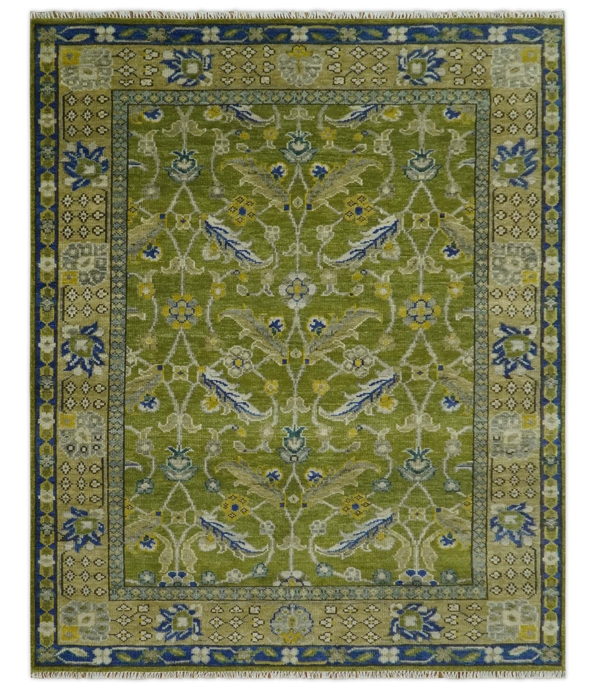 Traditional Floral Green and Blue Hand Knotted Multi size wool area rug.