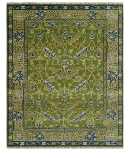Traditional Floral Green and Blue Hand Knotted Multi size wool area rug.