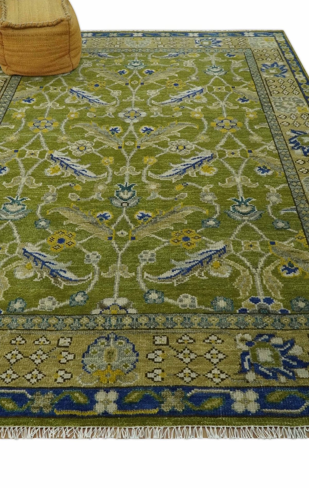Traditional Floral Green and Blue Hand Knotted Multi size wool area rug.