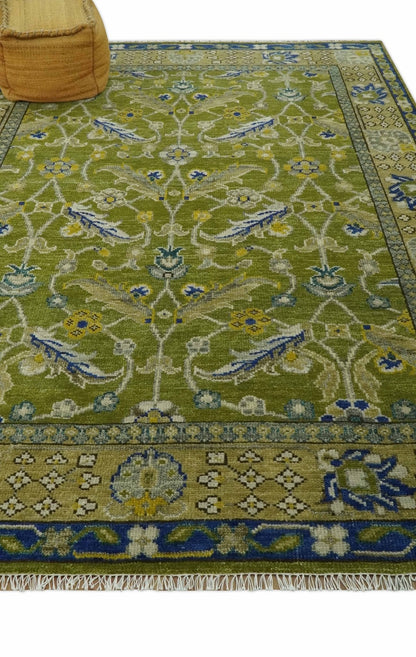 Traditional Floral Green and Blue Hand Knotted Multi size wool area rug.