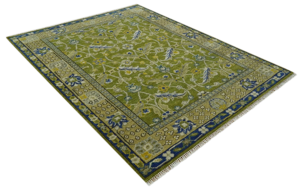 Traditional Floral Green and Blue Hand Knotted Multi size wool area rug.