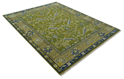 Traditional Floral Green and Blue Hand Knotted Multi size wool area rug.