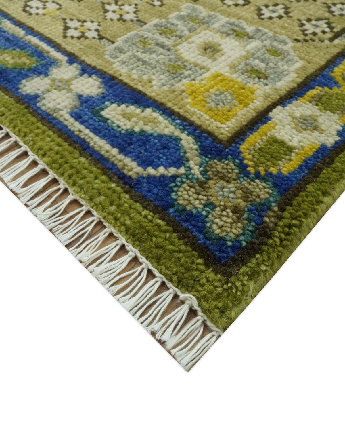 Traditional Floral Green and Blue Hand Knotted Multi size wool area rug.