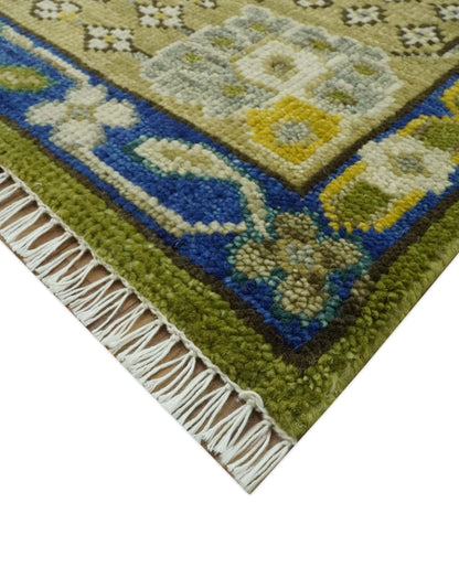 Traditional Floral Green and Blue Hand Knotted Multi size wool area rug.