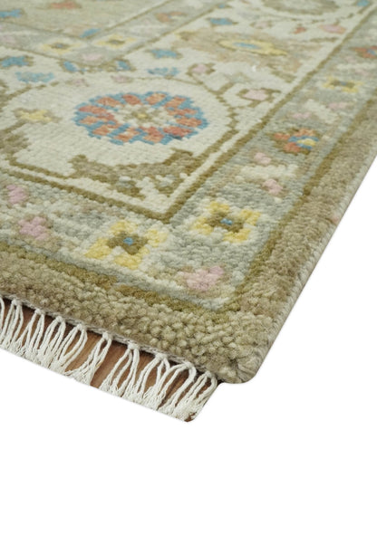 Traditional Floral Olive and Ivory Hand Knotted Oriental Oushak Custom Made wool area rug.