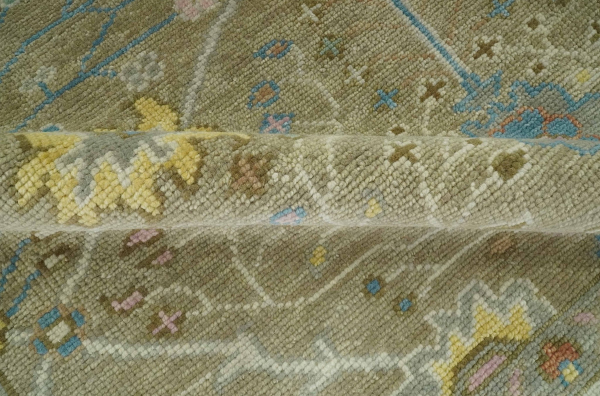 Traditional Floral Olive and Ivory Hand Knotted Oriental Oushak Custom Made wool area rug.