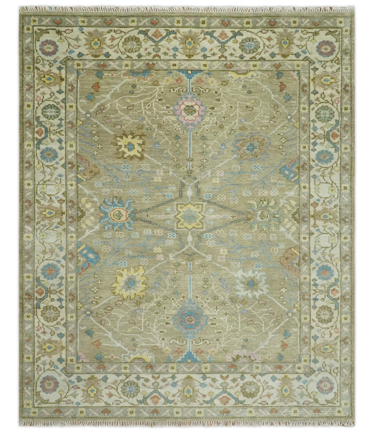 Traditional Floral Olive and Ivory Hand Knotted Oriental Oushak Custom Made wool area rug.