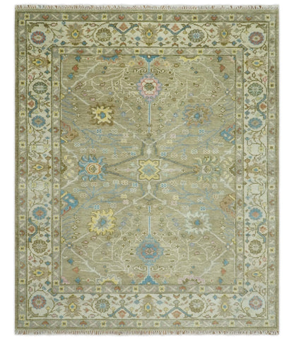 Traditional Floral Olive and Ivory Hand Knotted Oriental Oushak Custom Made wool area rug.