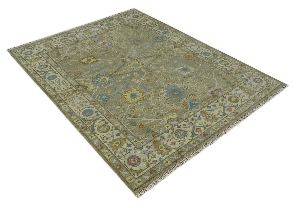 Traditional Floral Olive and Ivory Hand Knotted Oriental Oushak Custom Made wool area rug.