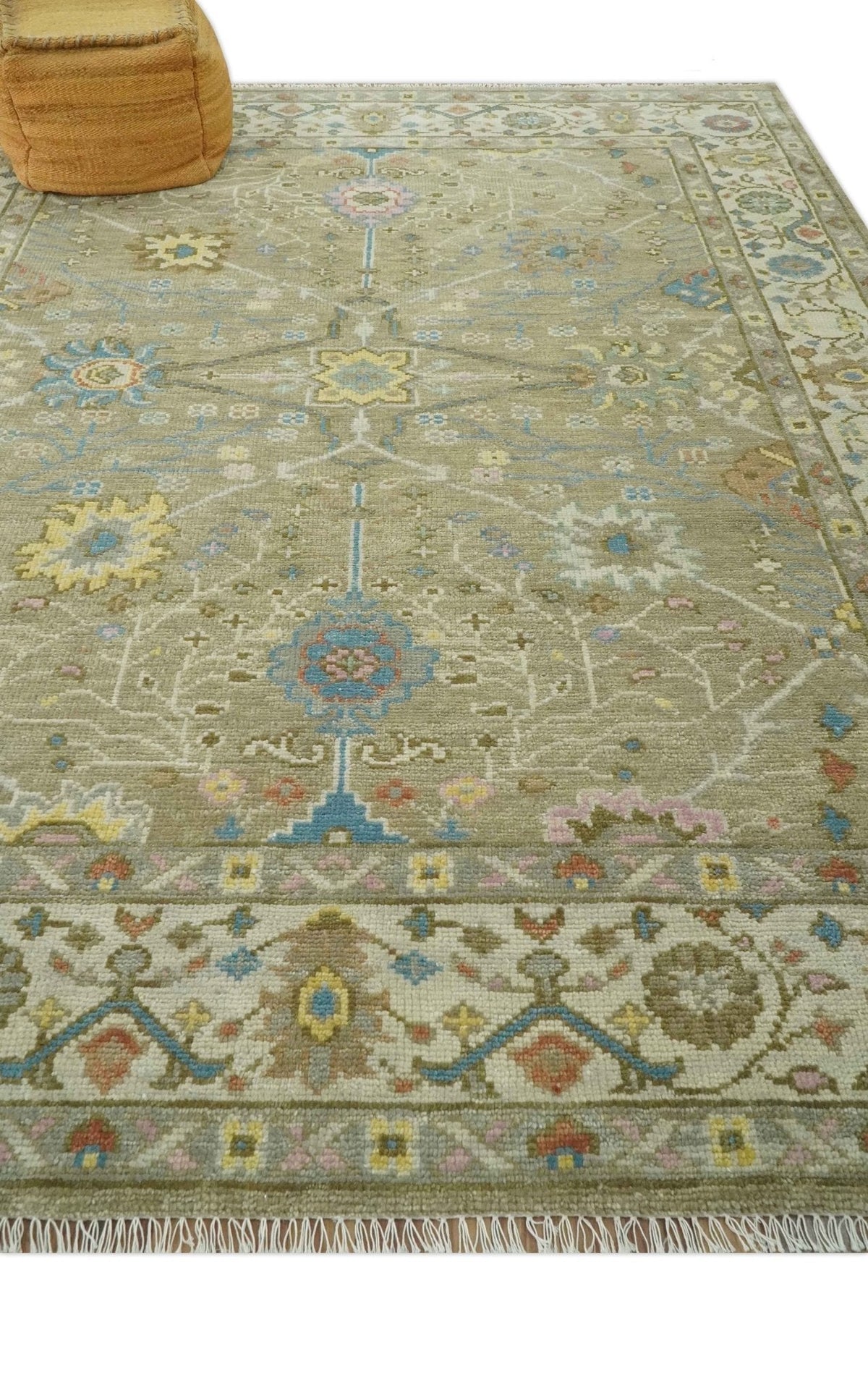 Traditional Floral Olive and Ivory Hand Knotted Oriental Oushak Custom Made wool area rug.