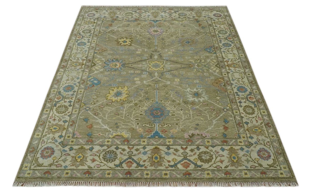 Traditional Floral Olive and Ivory Hand Knotted Oriental Oushak Custom Made wool area rug.