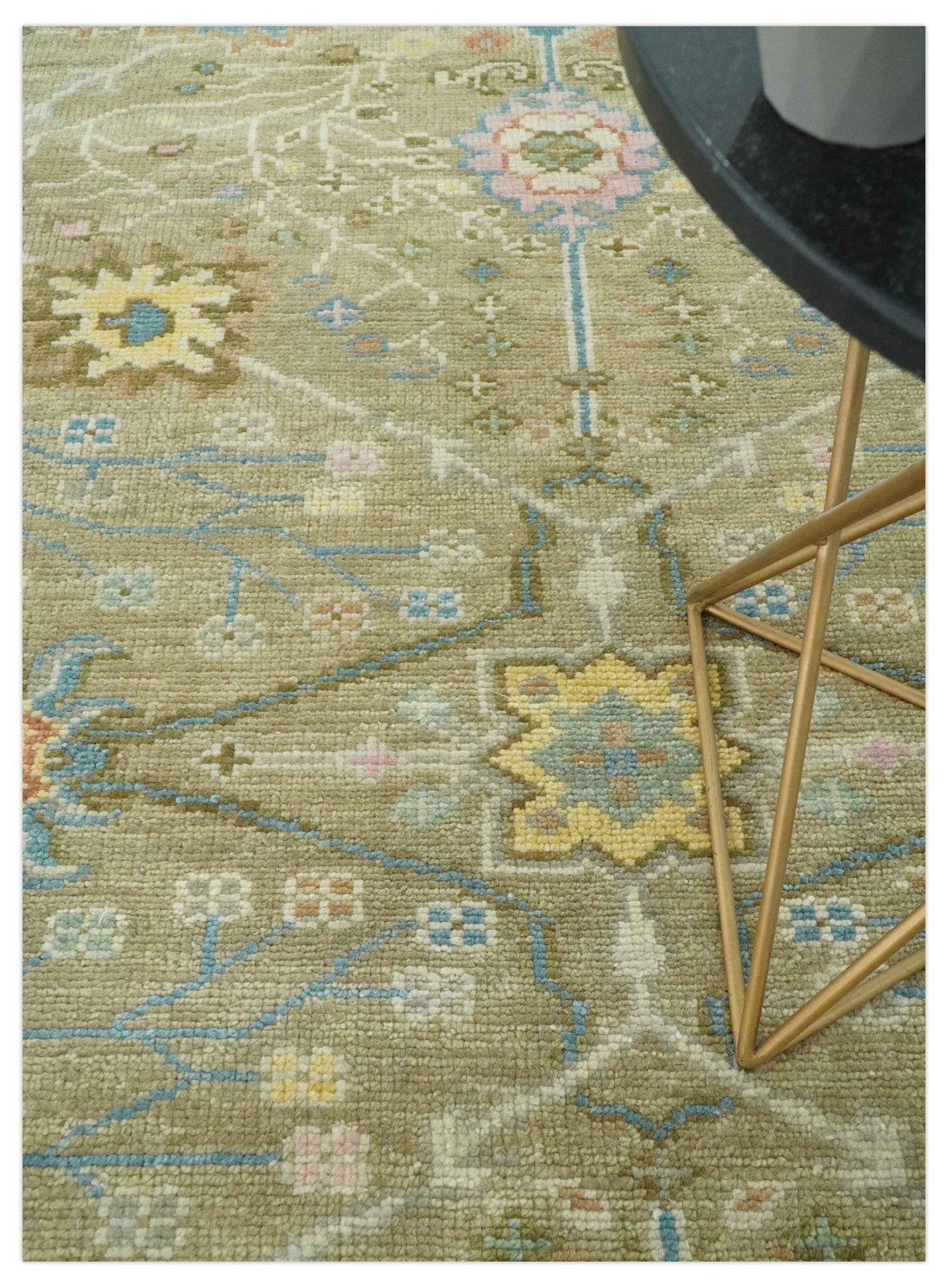 Traditional Floral Olive and Ivory Hand Knotted Oriental Oushak Custom Made wool area rug.