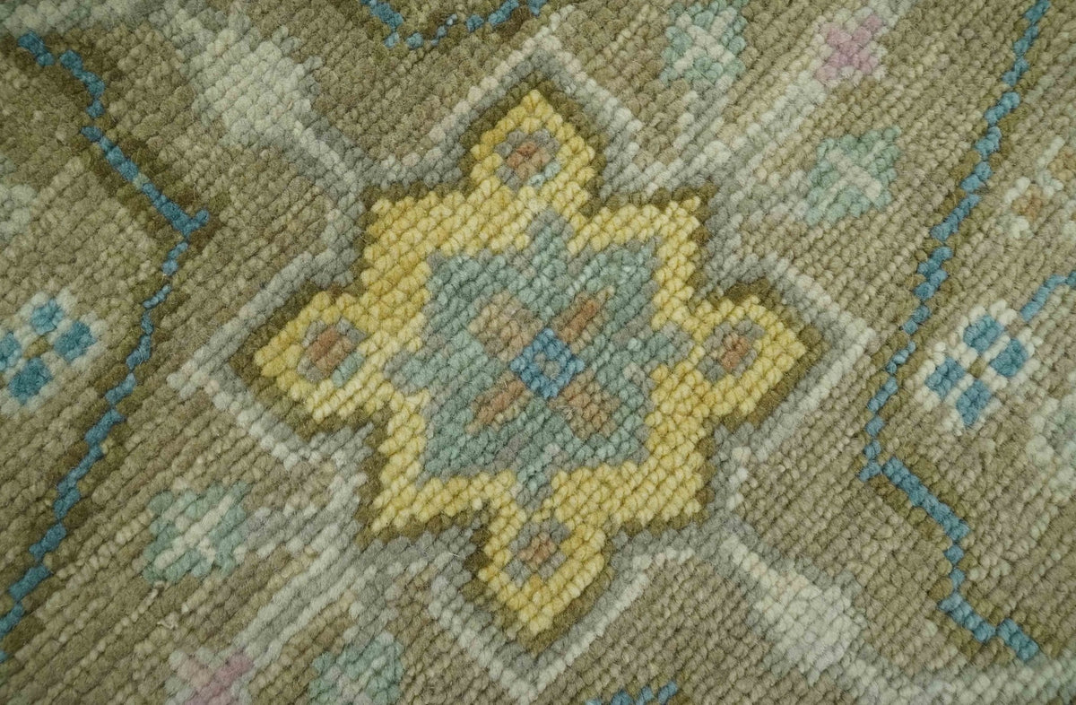Traditional Floral Olive and Ivory Hand Knotted Oriental Oushak Custom Made wool area rug.