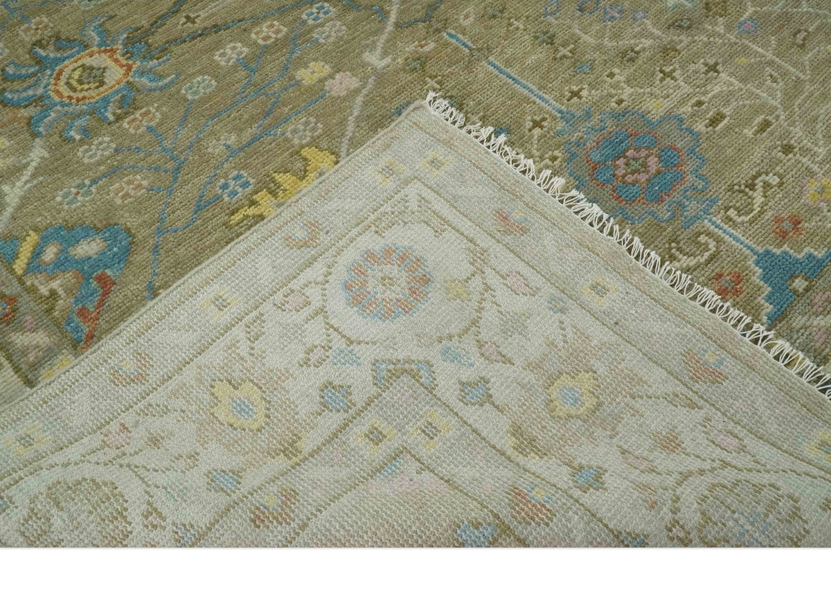 Traditional Floral Olive and Ivory Hand Knotted Oriental Oushak Custom Made wool area rug.