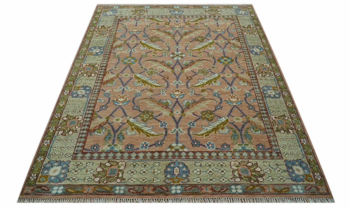 Traditional Floral Peach and Green Hand Knotted Custom Made wool area rug.