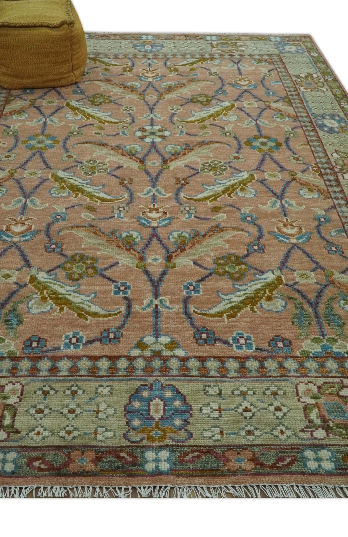 Traditional Floral Peach and Green Hand Knotted Custom Made wool area rug.