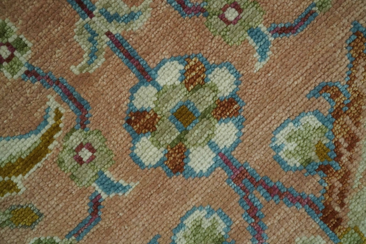 Traditional Floral Peach and Green Hand Knotted Custom Made wool area rug.