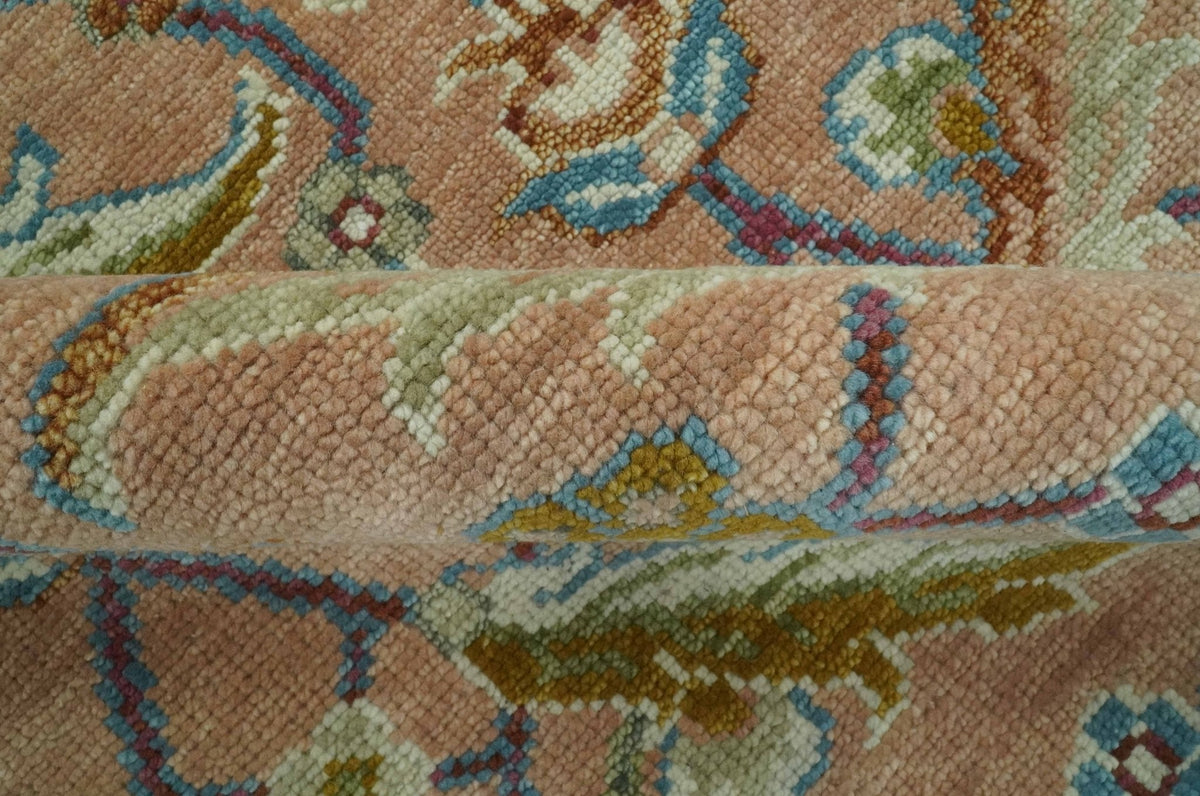 Traditional Floral Peach and Green Hand Knotted Custom Made wool area rug.