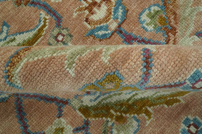 Traditional Floral Peach and Green Hand Knotted Custom Made wool area rug.